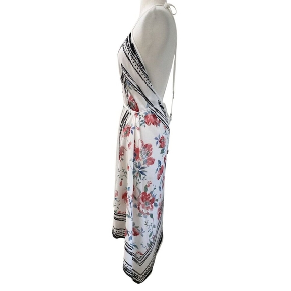 ZARA Combined Asymmetric Halter V-Neck Dress Rose Print Black/White/Red Sz S - Picture 5 of 10